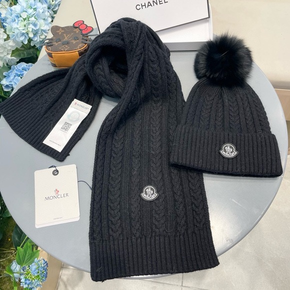 Moncler Black Cable Knit Scarf and Pom Beanie